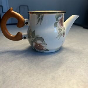 Camp MacKenzie-Childs White Floral Teapot with Wooden Handle